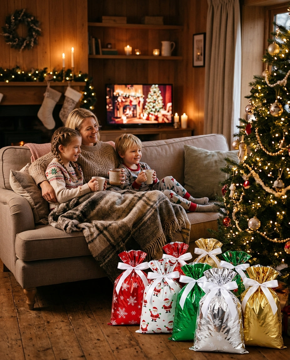 Mys i soffan medan julklapparna står klara under granen